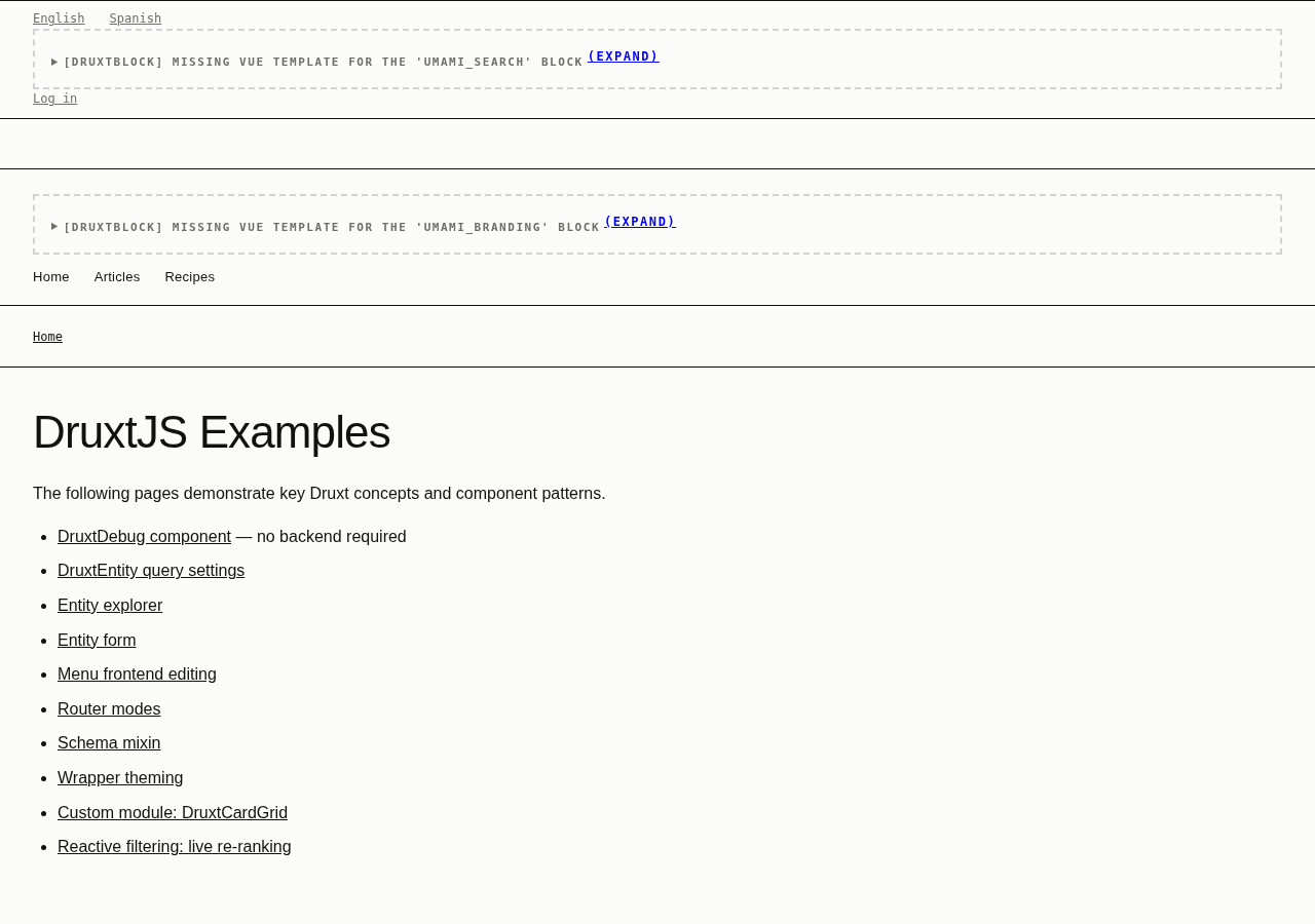 The druxt-site /examples index, listing ten technical pattern pages