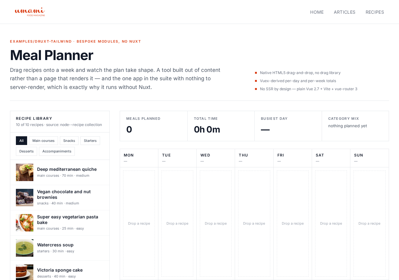 Meal Planner: a recipe library on the left and a seven-day drag-and-drop planning grid on the right, with live totals