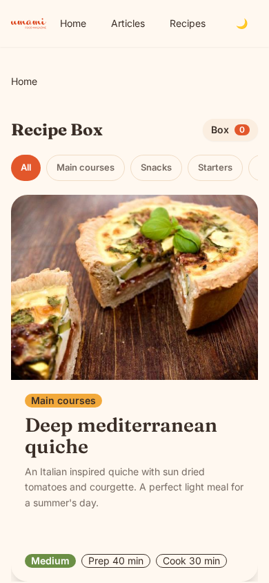 Recipe Box: a mobile discovery deck showing a recipe card with category filter chips and a saved-count badge